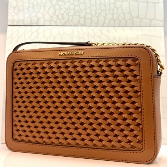 Michael Kors Jet Set Large Woven Crossbody Bag Luggage Brown - Picture 1 of 8